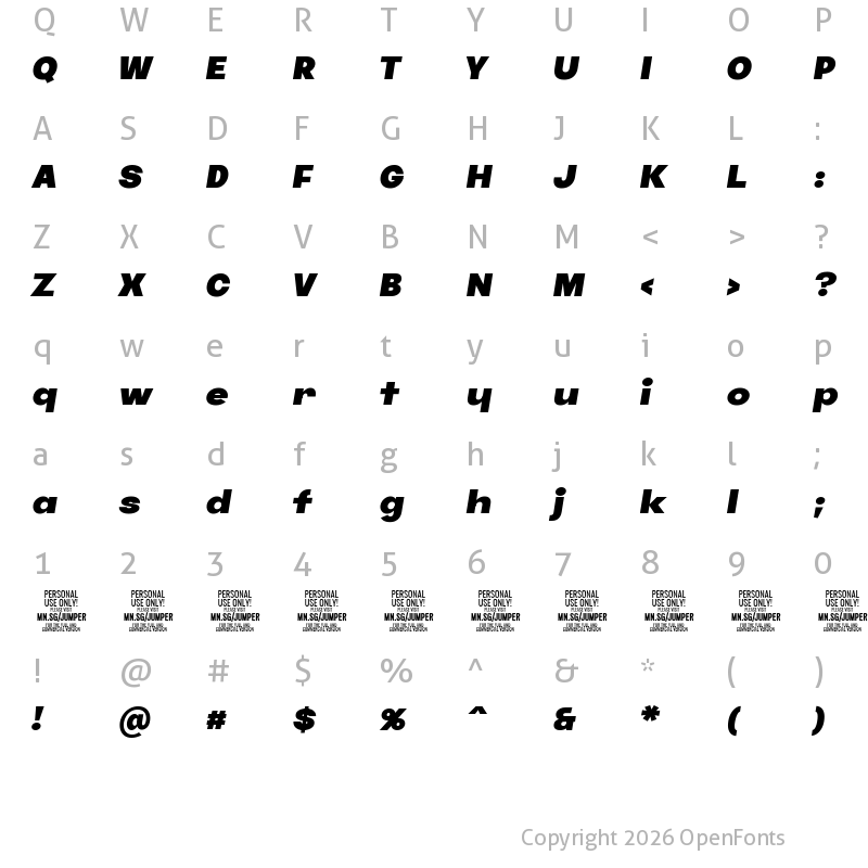 Character Map of Jumper PERSONAL USE ONLY Black Italic