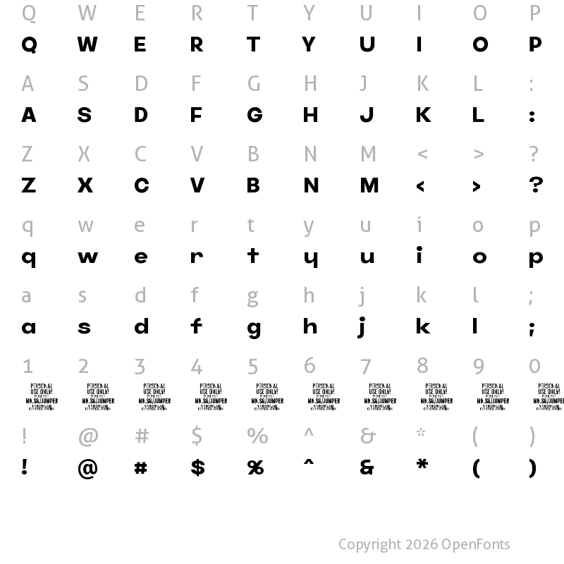 Character Map of Jumper PERSONAL USE ONLY Bold
