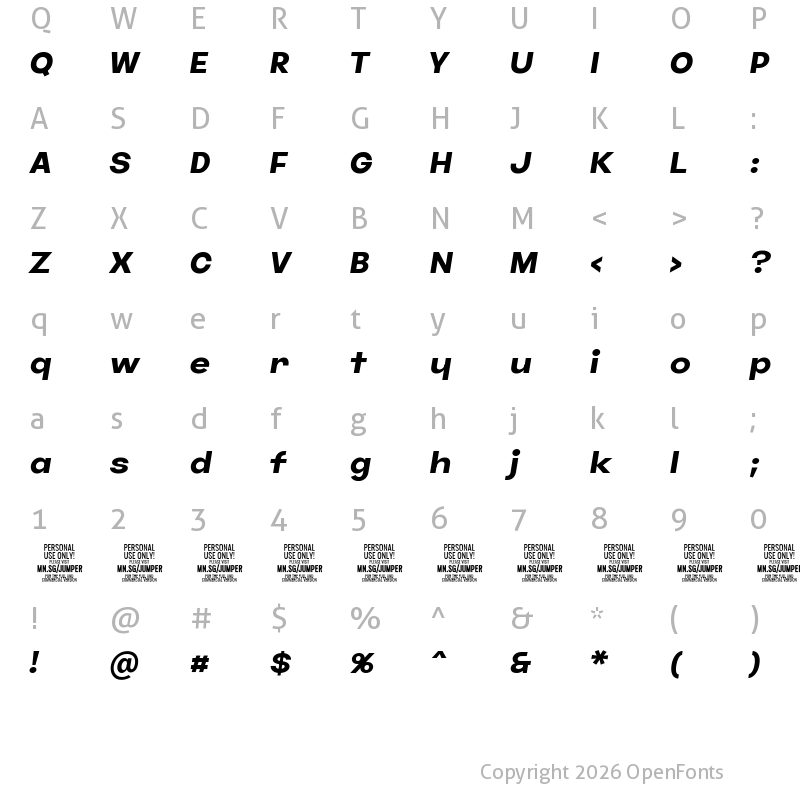Character Map of Jumper PERSONAL USE ONLY Bold Italic