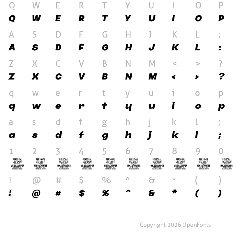 Character Map of Jumper PERSONAL USE ONLY Extra-Bold Italic