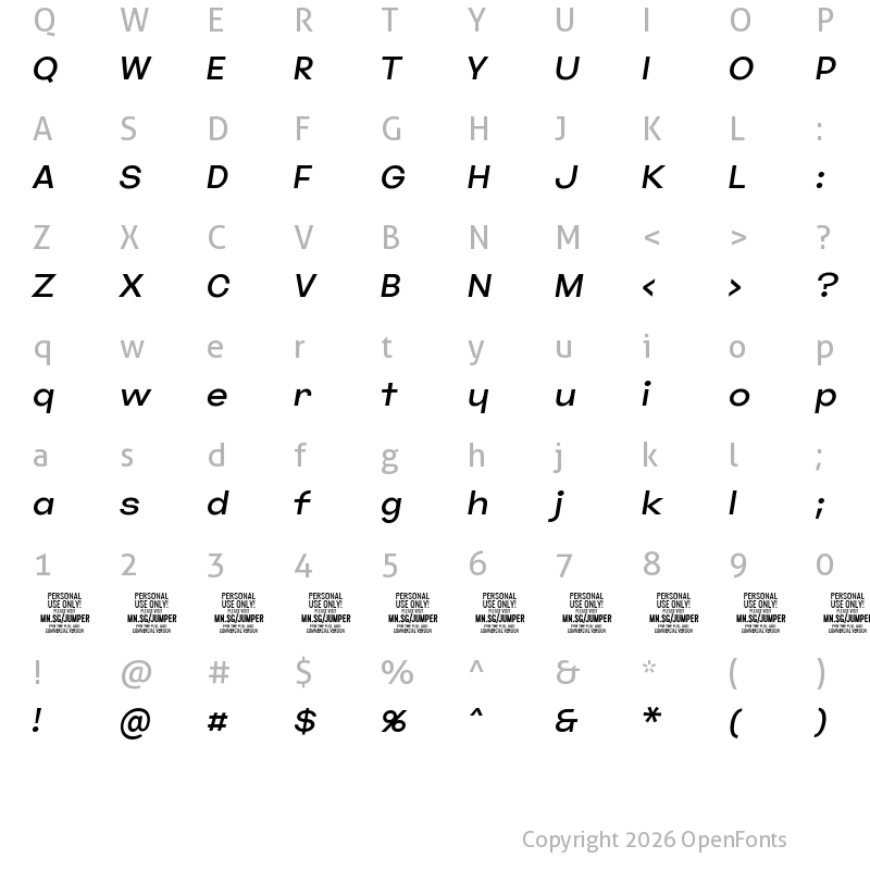 Character Map of Jumper PERSONAL USE ONLY Light Italic