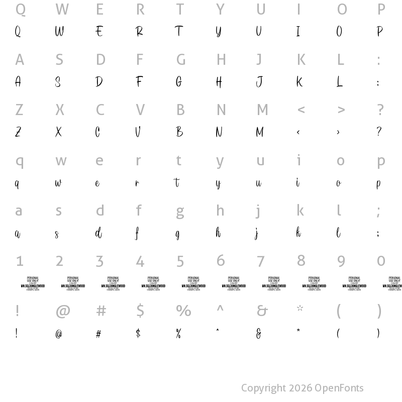 Character Map of Junglewood Script PERSONAL Regular