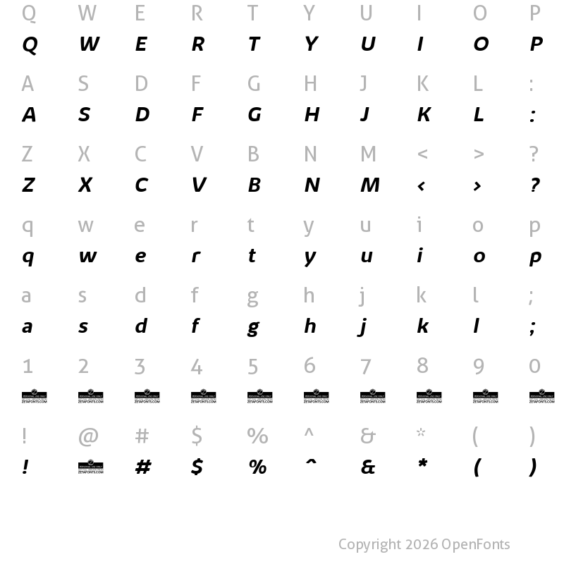 Character Map of Kabrio Alternate Bold Italic