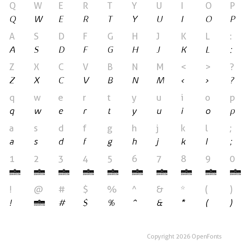 Character Map of Kabrio Alternate Light Italic