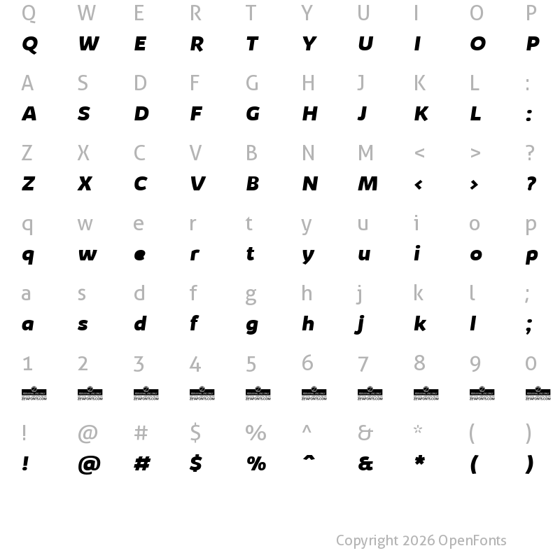 Character Map of Kabrio ExtraBold Italic