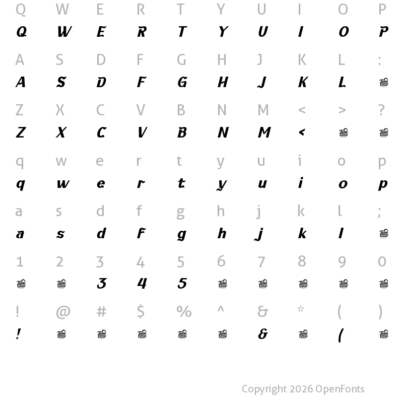 Character Map of KABUSI Bold Slanted