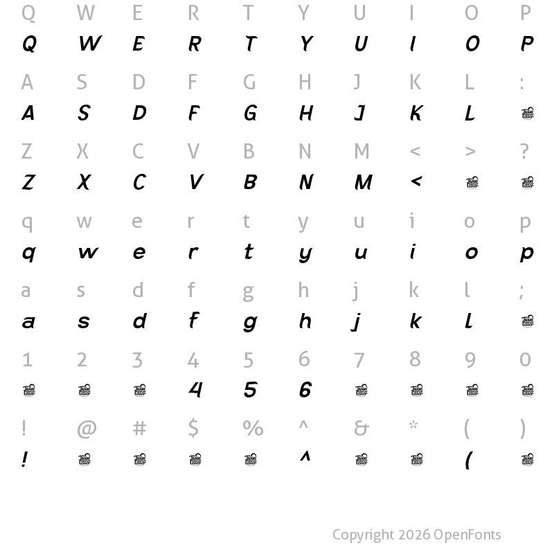 Character Map of Kajju Bold Slanted