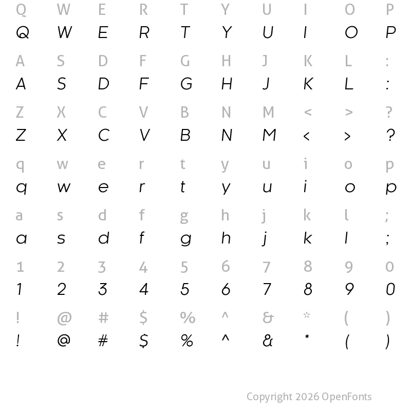 Character Map of Kaleko 105 Book Oblique