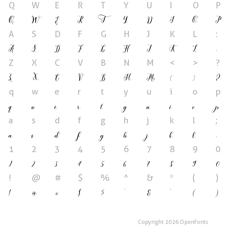 Character Map of Kalina Script Regular