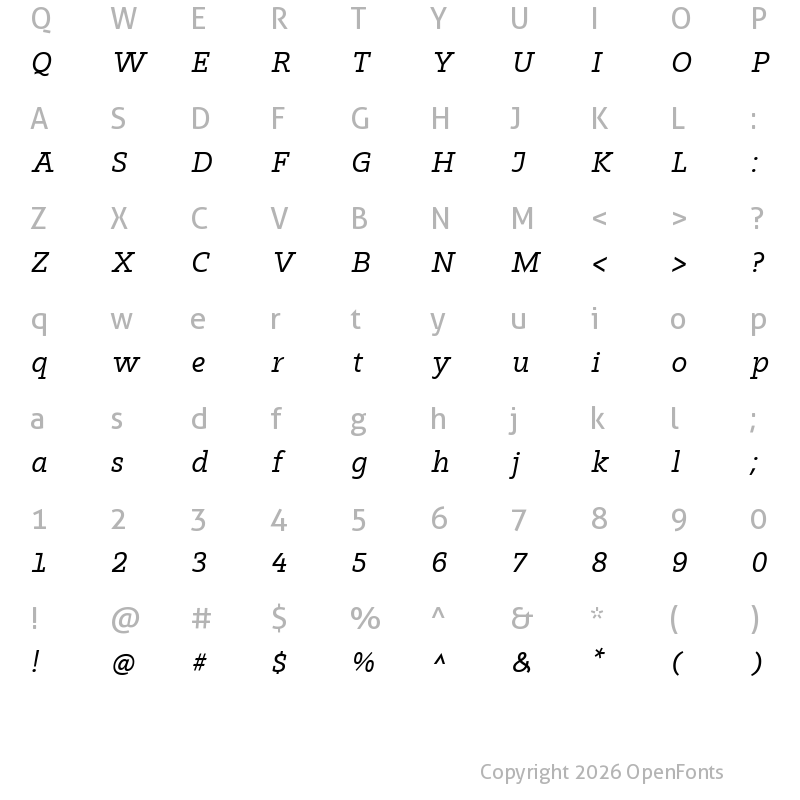 Character Map of Kaluny Pro Italic Slab