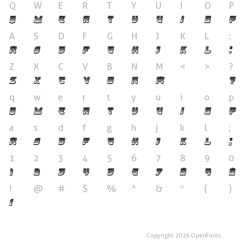 Character Map of Kamikaze 3D Gradient Italic