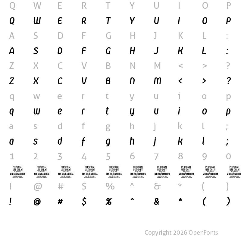Character Map of Kandira PERSONAL Bold Italic
