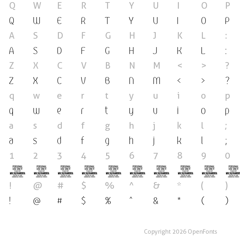 Character Map of Kandira PERSONAL ExtraLight