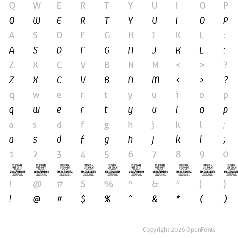 Character Map of Kandira PERSONAL Italic
