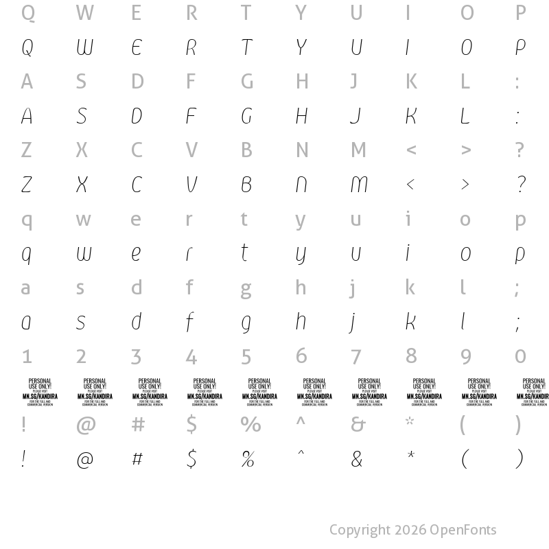 Character Map of Kandira PERSONAL Thin Italic