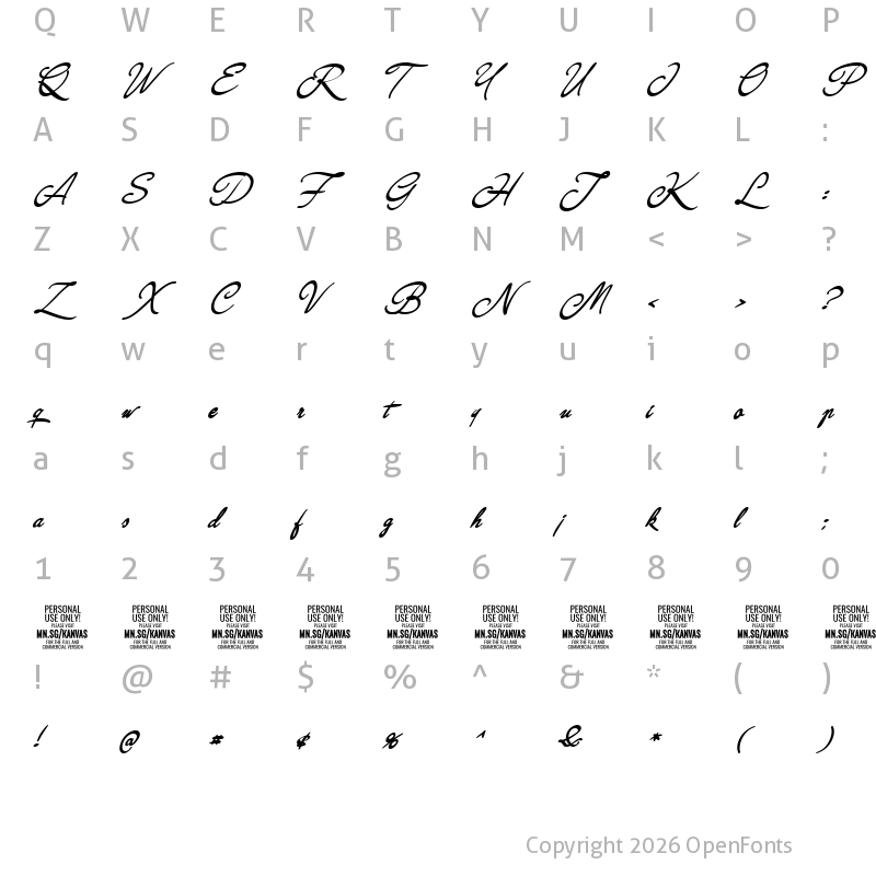 Character Map of Kanvas Bold PERSONAL USE Regular