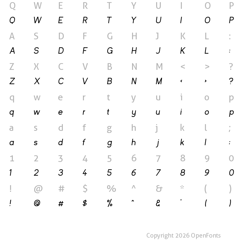 Character Map of Kayak Sans Regular Italic