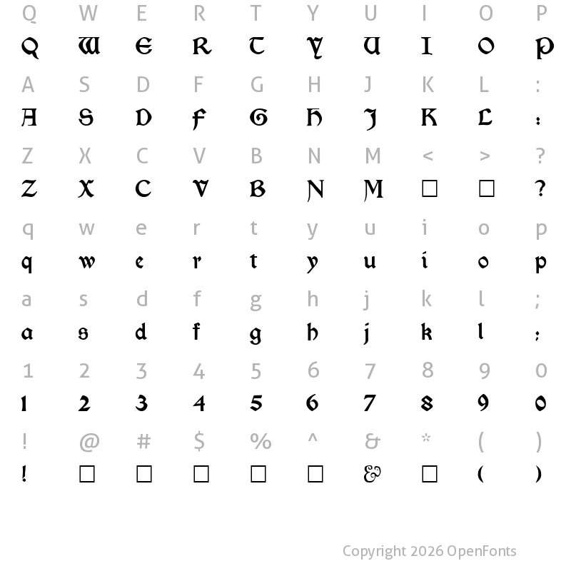 Character Map of Kelmscott Regular