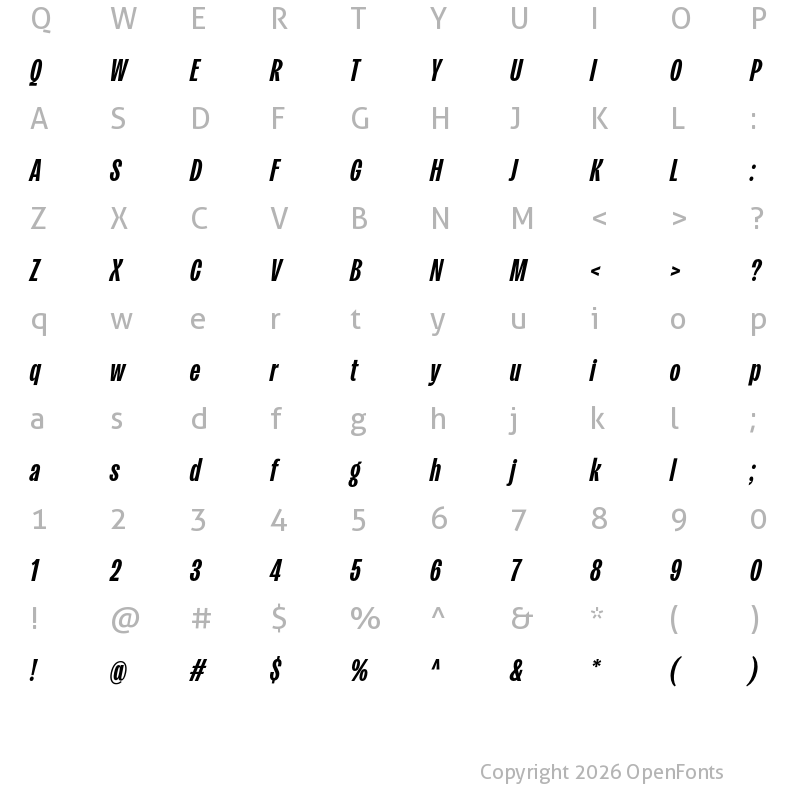 Character Map of Kensington Compressed Bold Italic