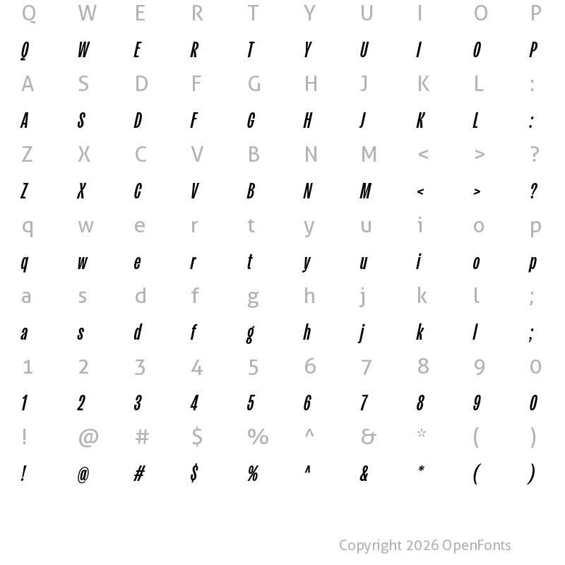Character Map of Kensington Compressed Demi Italic