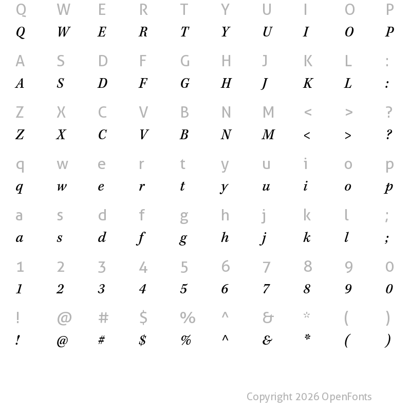 Character Map of Kepler Std Caption Medium SemiCondensed Italic