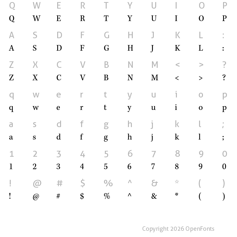 Character Map of Kepler Std Caption SemiCondensed