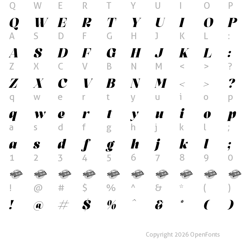 Character Map of Kindora Bufferly DEMO VERSION Italic