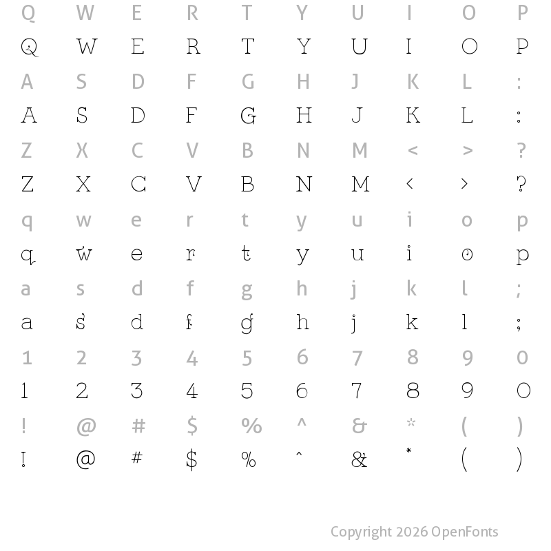 Character Map of Kingthings Serifique Ultralight Light