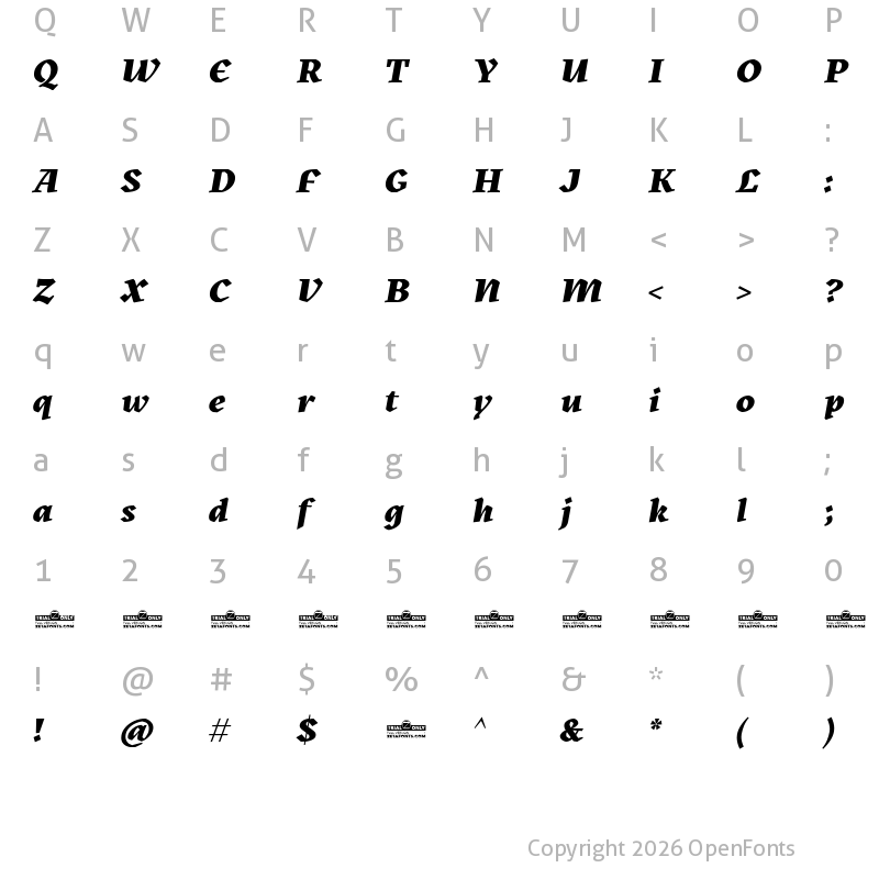 Character Map of Kitsch Trial Extrabold Italic