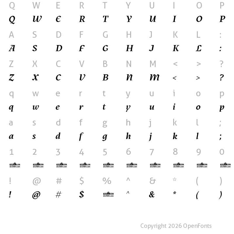 Character Map of Kitsch Trial Semibold Italic