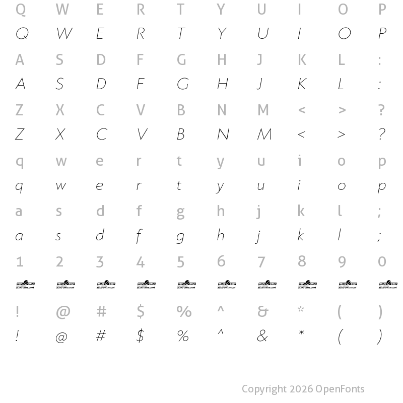 Character Map of Klein Trial Extralight Italic