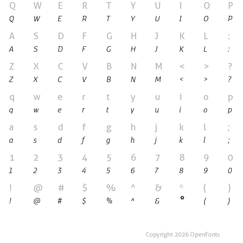 Character Map of Kobenhavn C Light Italic
