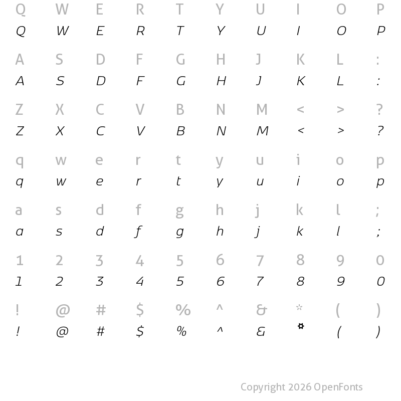 Character Map of Kobenhavn Sans Light Italic