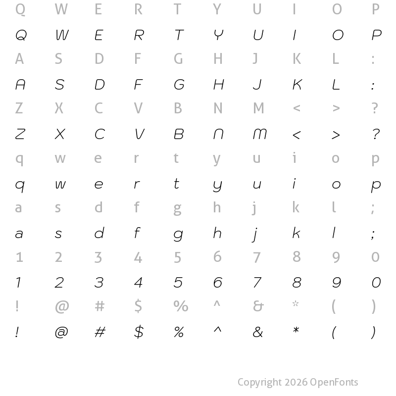 Character Map of Kodchasan ExtraLight Italic