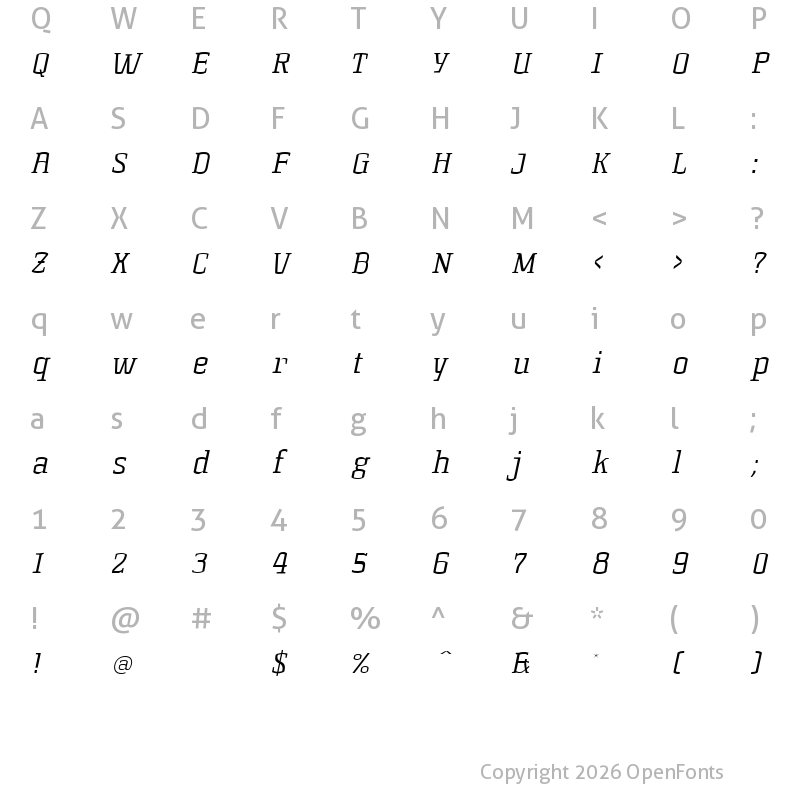 Character Map of Korneuburg Slab Light Light Italic