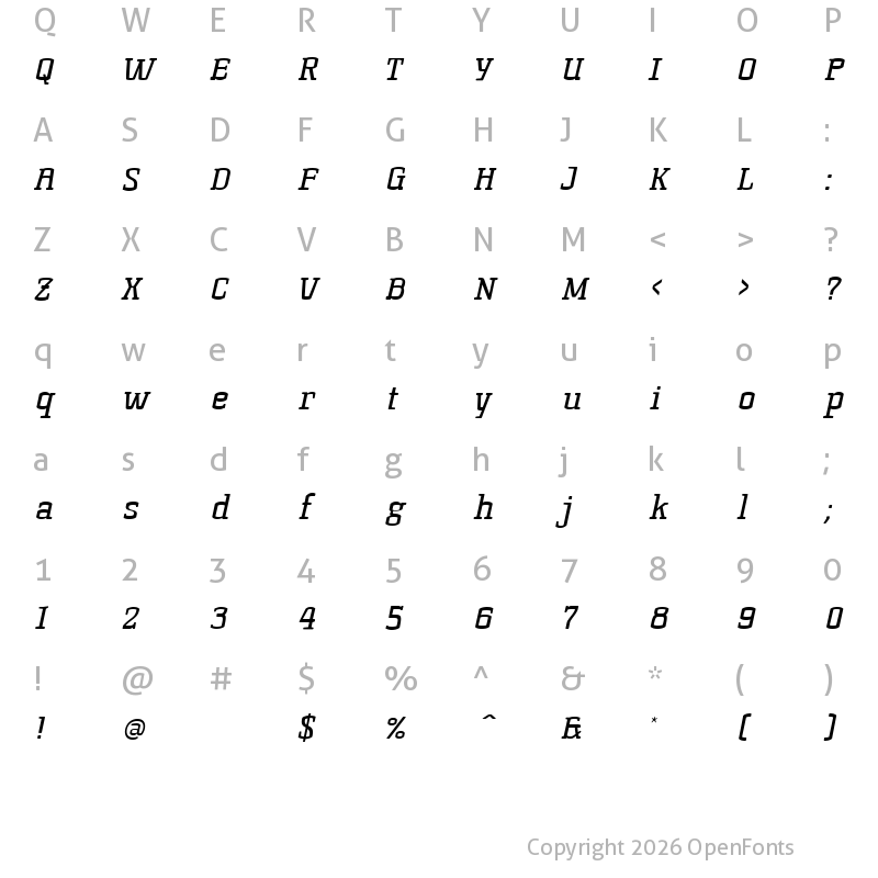 Character Map of Korneuburg Slab Regular Italic