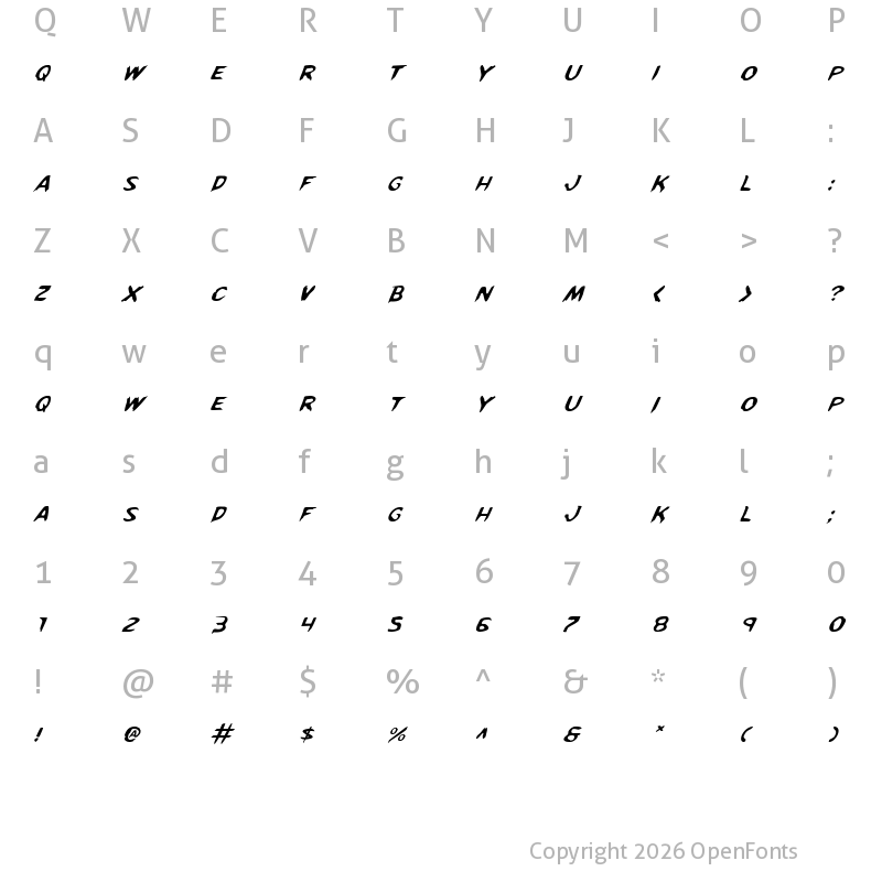 Character Map of Kreeture Italic Italic