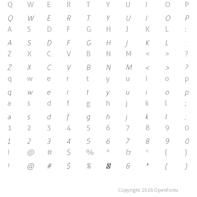 Character Map of Kyrial Sans Pro Cond Ultra Light Italic
