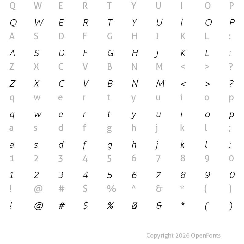Character Map of Kyrial Sans Pro Light Italic