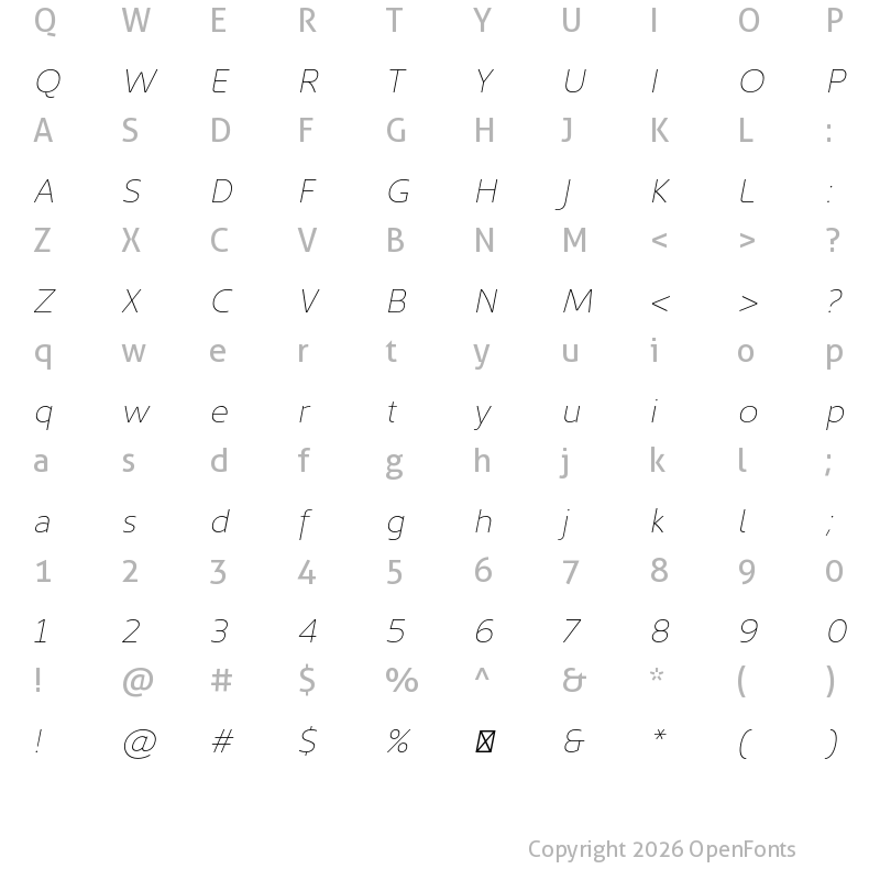 Character Map of Kyrial Sans Pro Ultra Light Italic