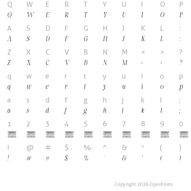 Character Map of La Fleur Grande Personal Use On Italic