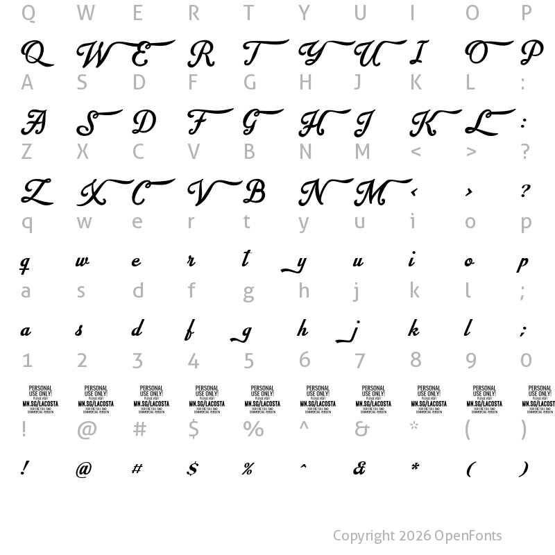 Character Map of Lacosta PERSONAL USE ONLY Regular