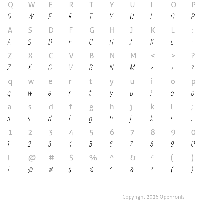 Character Map of Lama Sans ExtraLight Condensed Italic