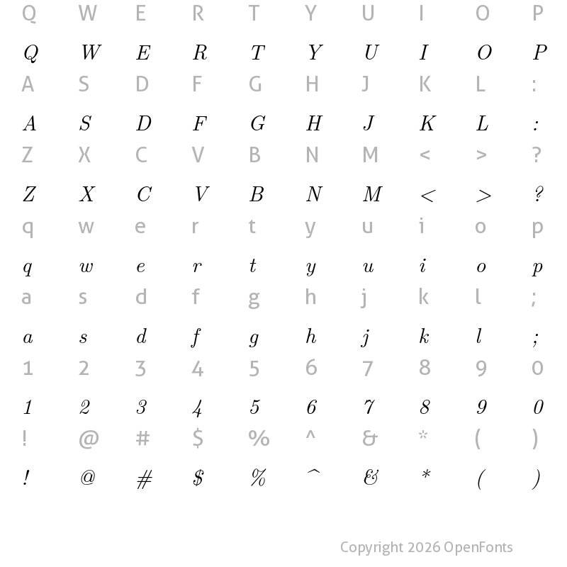 Character Map of Latin Modern Roman 10 Italic