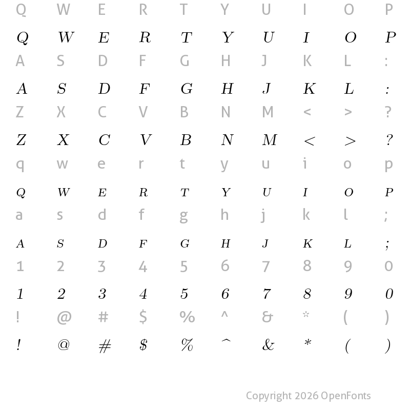 Character Map of Latin Modern Roman Caps 10 Oblique