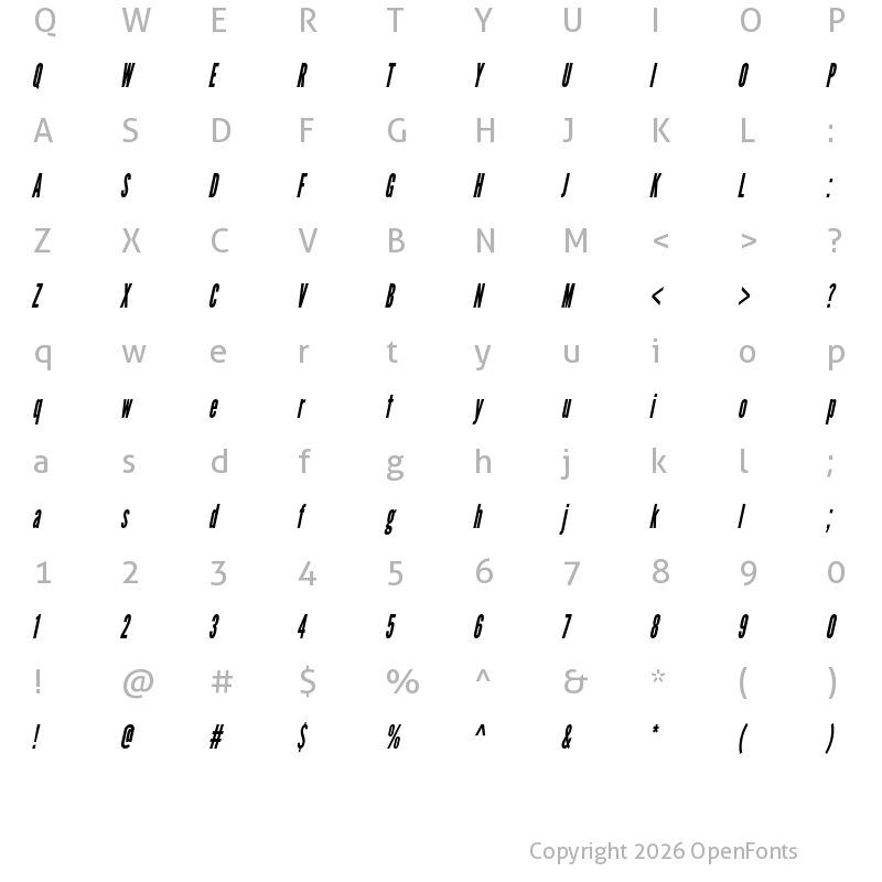 Character Map of League Gothic Condensed Italic