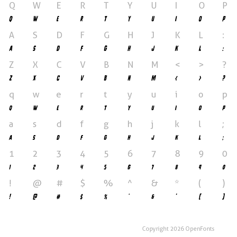 Character Map of Leatherface Condensed Italic Condensed Italic