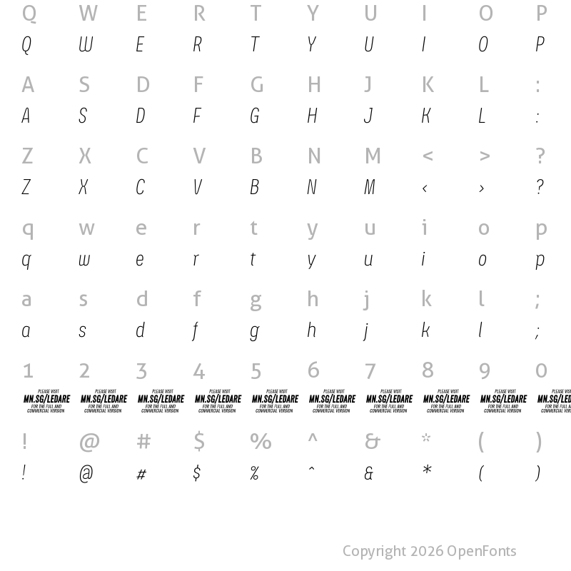 Character Map of Ledare ExtraLight Italic PERSONAL USE ONLY