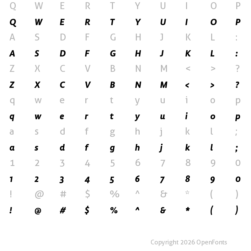 Character Map of Lemon Sans Next Bold Italic