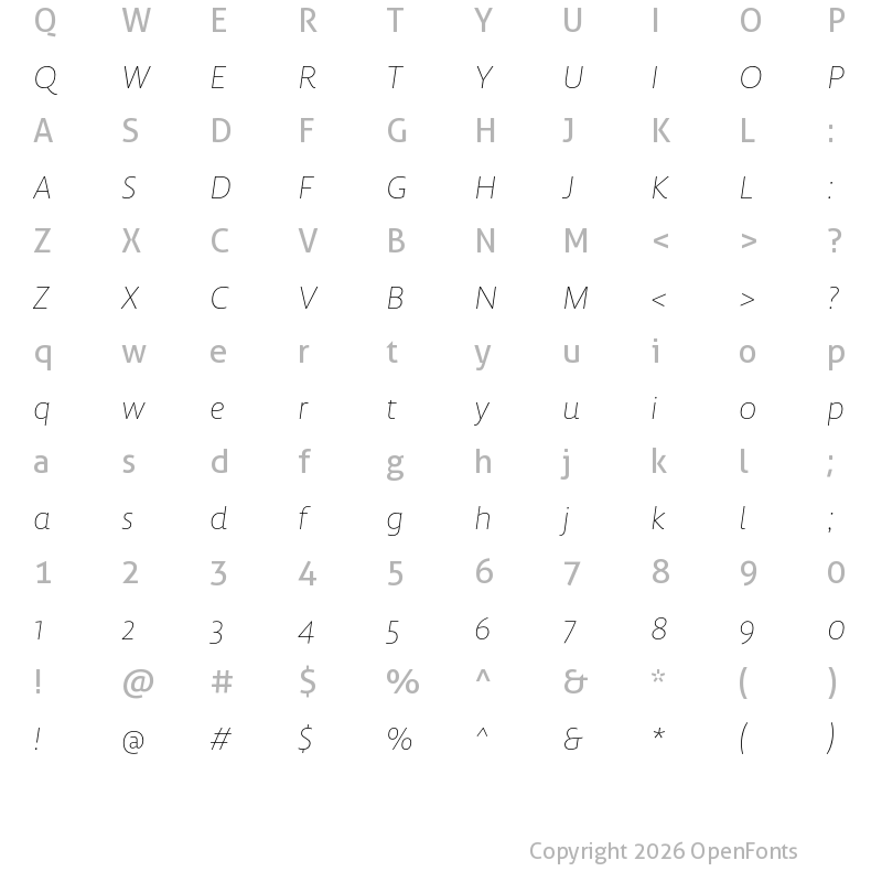 Character Map of Lemon Sans Next Thin Italic